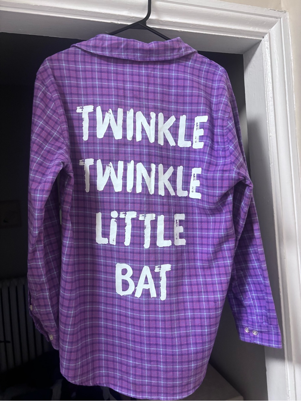 Purple Plaid Button-Down Shirt with 'Twinkle Twinkle Little Bat' Print